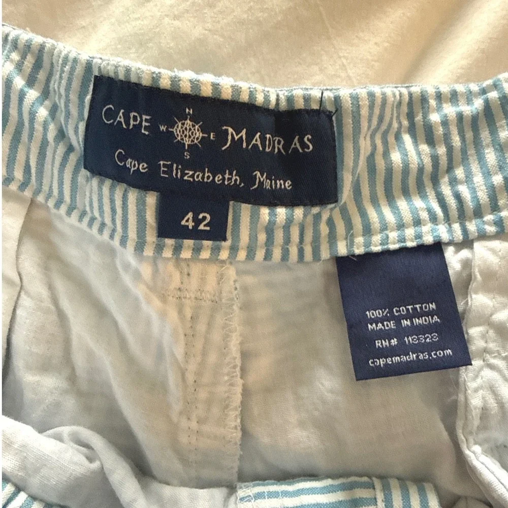 Cape Madras Preppy Seersucker Patchwork‎ Shorts 42 Blue White Striped Coastal